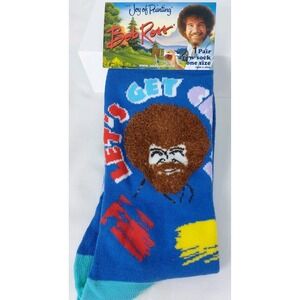 Bob Ross Blue Paint Brush Lets Get Crazy Novelty Socks M8-12 W 9-14 Licensed New